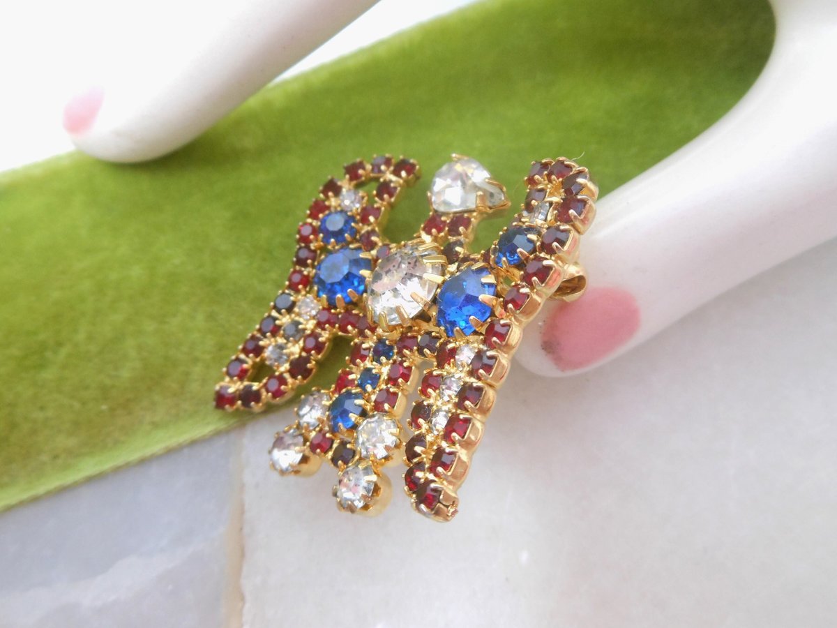 Vintage HOBE Rhinestone Eagle Bird Brooch Crystal Patriotic Pin July 4th Red White Blue Designer Mid Century Jewelry Gift, VivianJoel.com