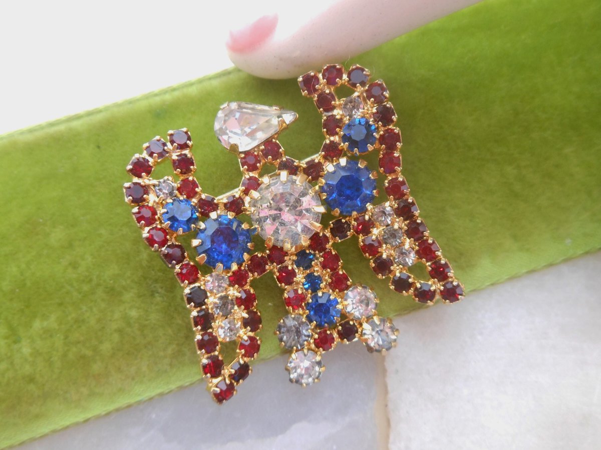 Vintage HOBE Rhinestone Eagle Bird Brooch Crystal Patriotic Pin July 4th Red White Blue Designer Mid Century Jewelry Gift, VivianJoel.com