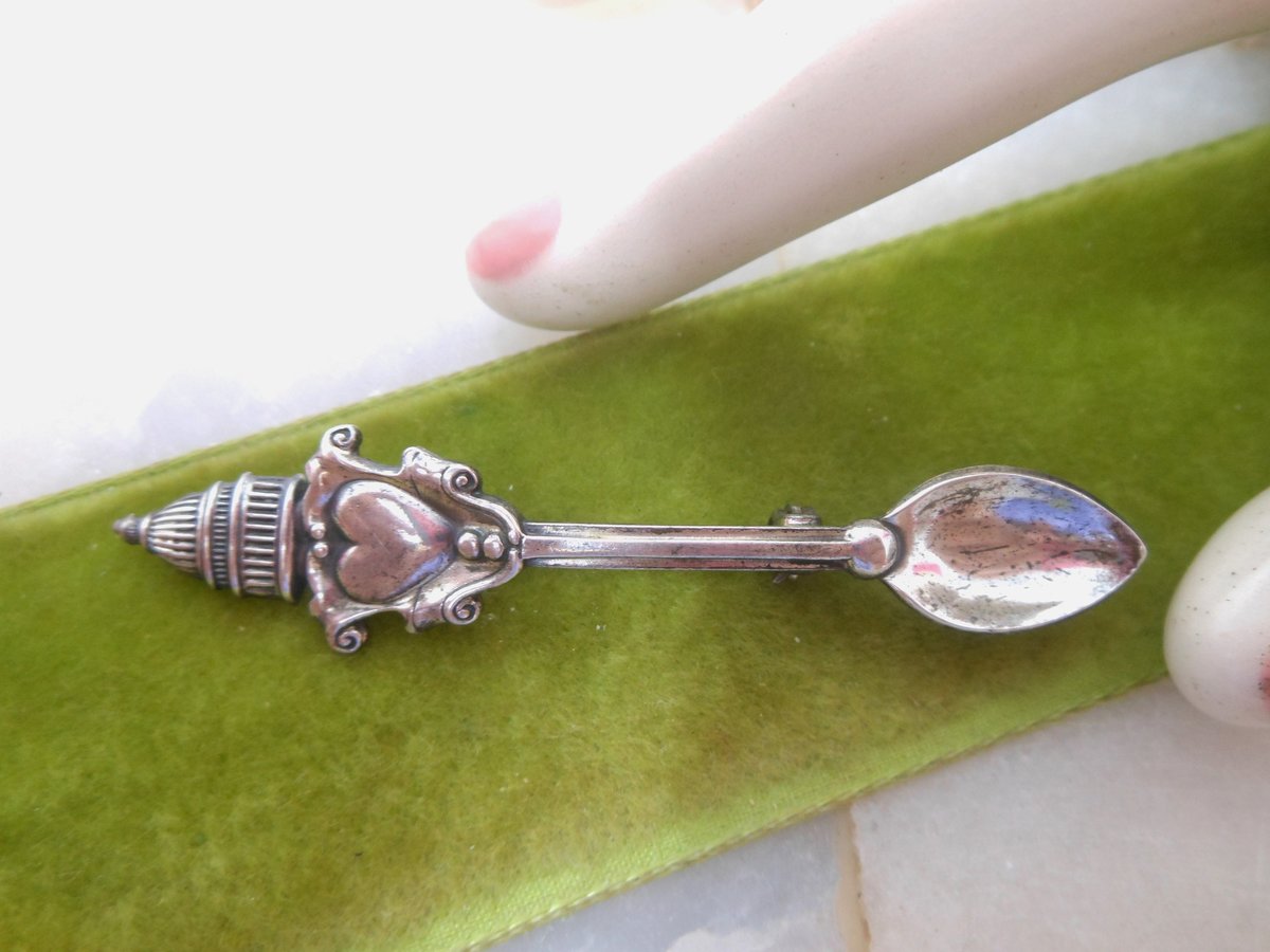 Vintage STERLING SILVER Brooch Love Spoon Pin Heart Figural Washington DC Souvenir Designer Lang Jewelry Mid Century Gift, VivianJoel.com