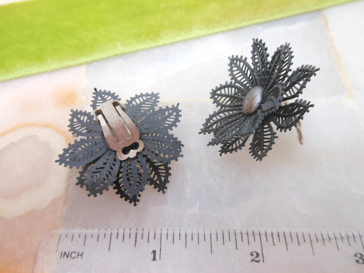 Vintage WEST GERMANY Flower Doily Lace Mod Earrings Black Plastic Clip On Kitsch Mid Century Jewelry Gift, VivianJoel.com