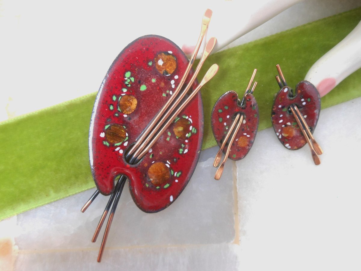 Vintage MATISSE RENOIR Enamel Copper Painter Palette Brooch Earrings Set Modernist Artisan Pin Red Jewelry Mid Century Gift,  VivianJoel.com