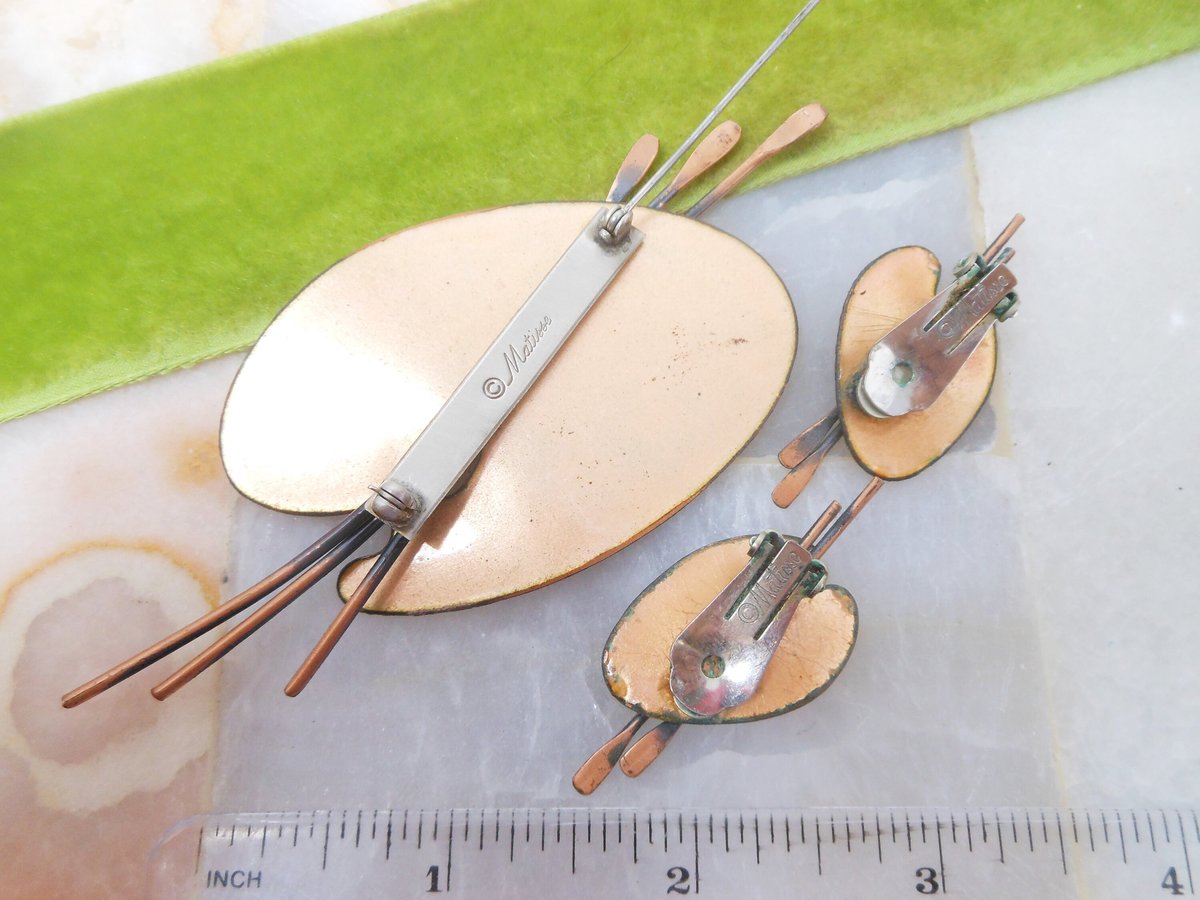 Vintage MATISSE RENOIR Enamel Copper Painter Palette Brooch Earrings Set Modernist Artisan Pin Red Jewelry Mid Century Gift,  VivianJoel.com