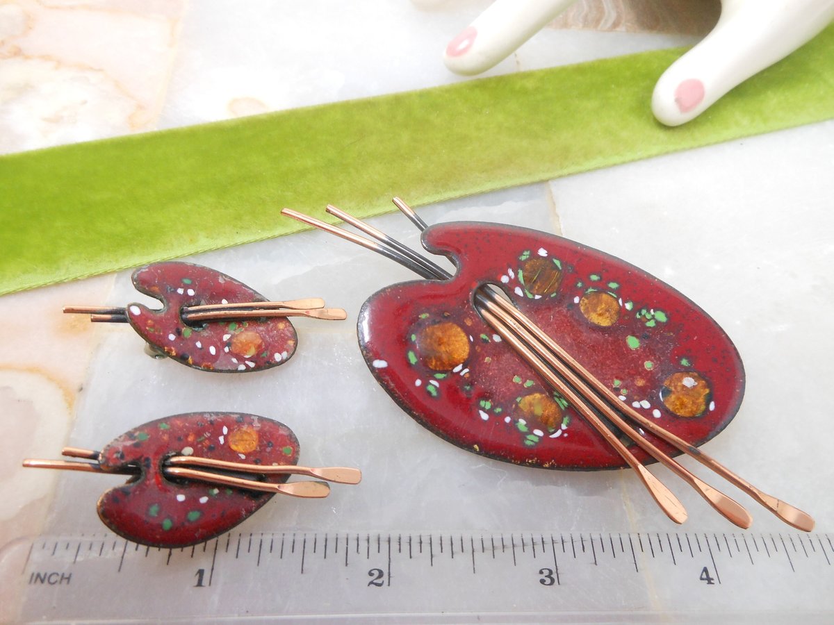 Vintage MATISSE RENOIR Enamel Copper Painter Palette Brooch Earrings Set Modernist Artisan Pin Red Jewelry Mid Century Gift,  VivianJoel.com