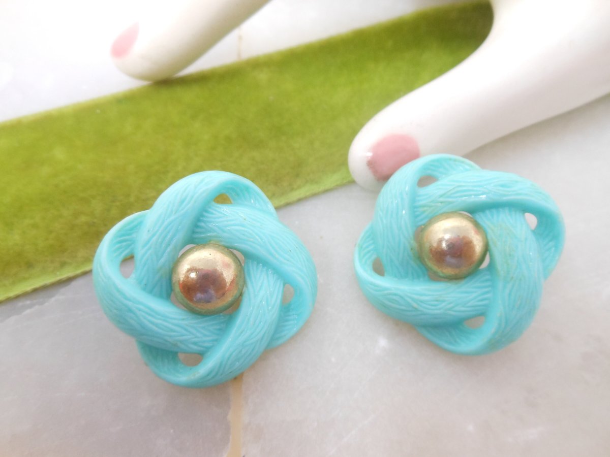 Vintage Aqua Blue Atomic Flower Earrings Plastic Clip On Retro Mod Mid Century Jewelry Gift, VivianJoel.com