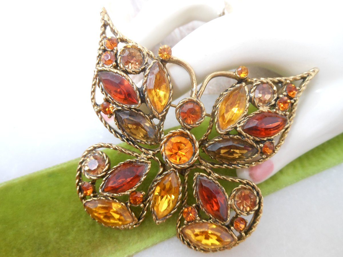 Vintage Topaz Orange Butterfly Pin Brooch Insect Bug Crystal Rhinestone Figural Statement Jewelry Gift, VivianJoel.com