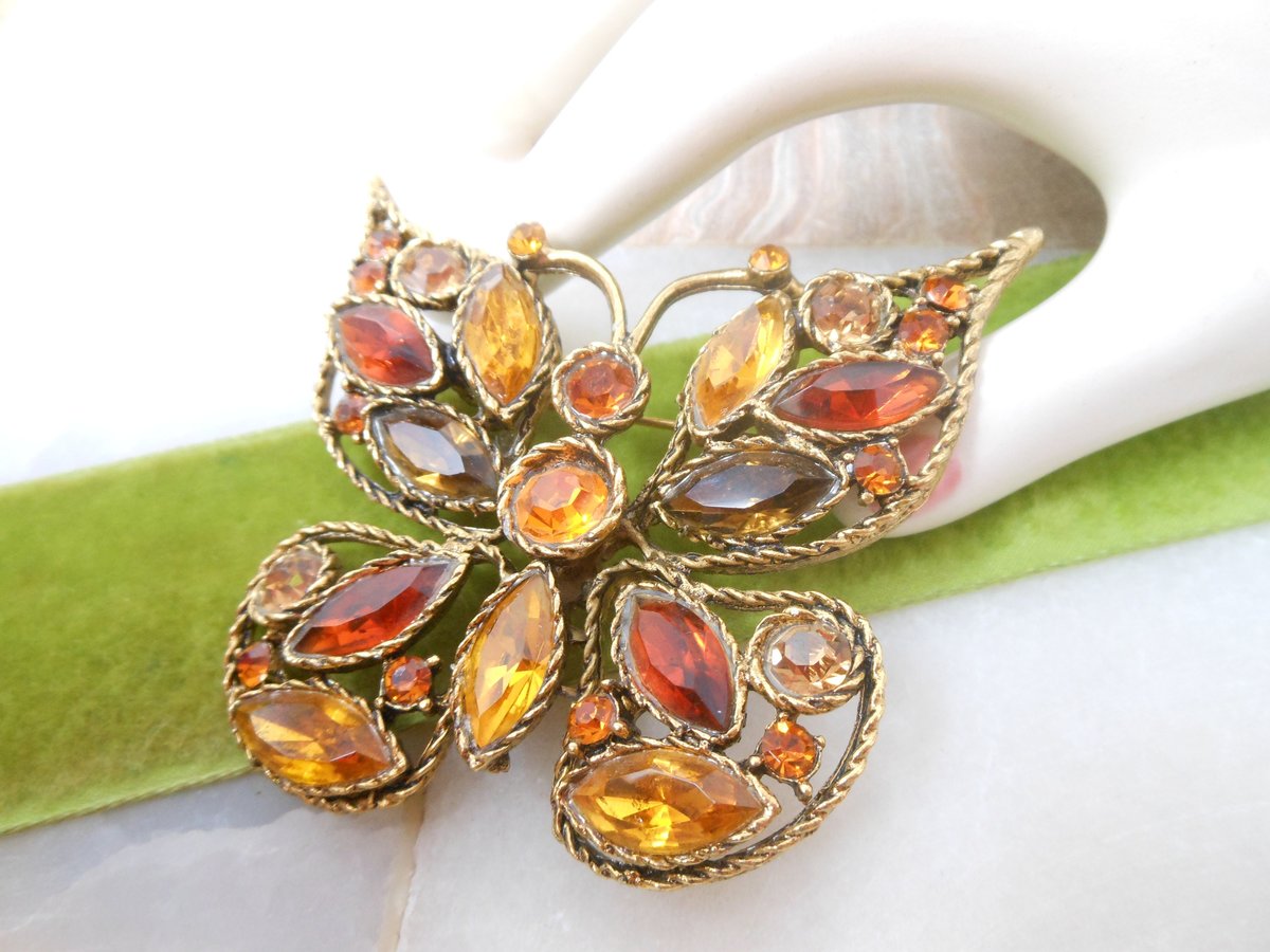 Vintage Topaz Orange Butterfly Pin Brooch Insect Bug Crystal Rhinestone Figural Statement Jewelry Gift, VivianJoel.com
