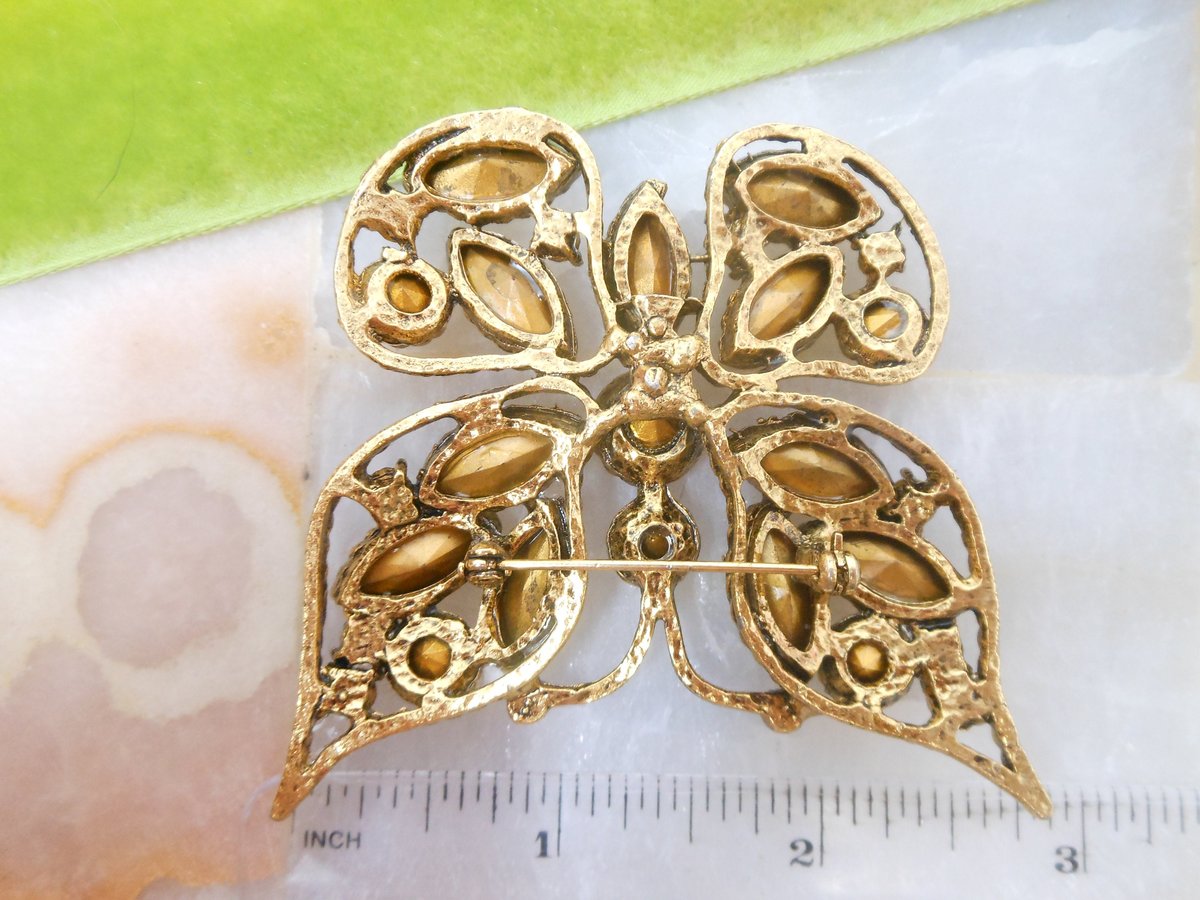 Vintage Topaz Orange Butterfly Pin Brooch Insect Bug Crystal Rhinestone Figural Statement Jewelry Gift, VivianJoel.com