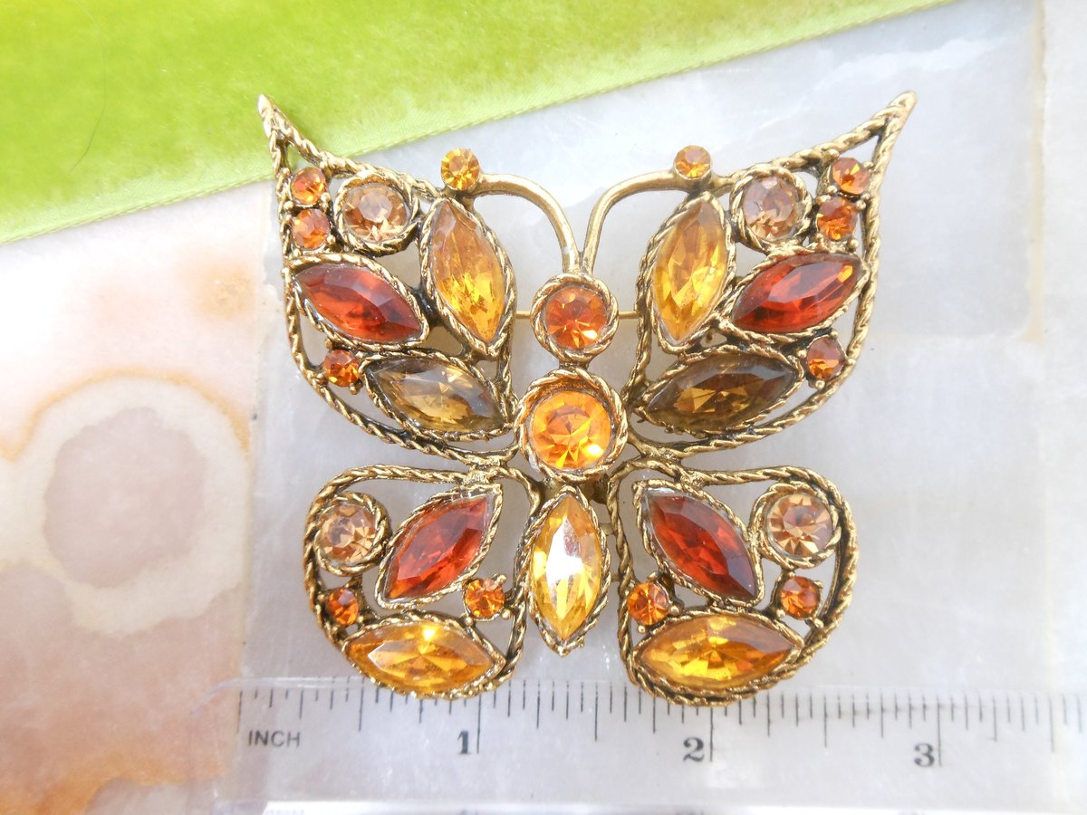 Vintage Topaz Orange Butterfly Pin Brooch Insect Bug Crystal Rhinestone Figural Statement Jewelry Gift, VivianJoel.com