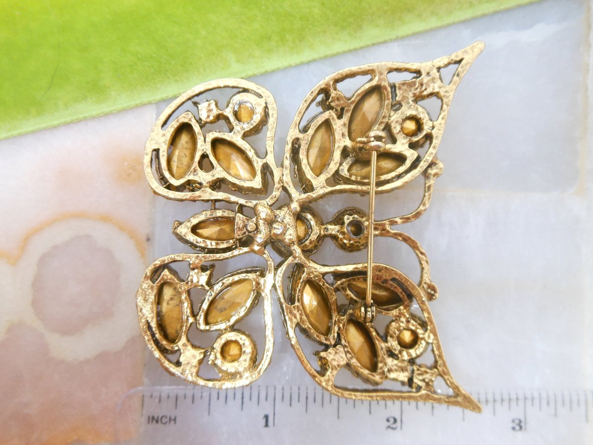 Vintage Topaz Orange Butterfly Pin Brooch Insect Bug Crystal Rhinestone Figural Statement Jewelry Gift, VivianJoel.com