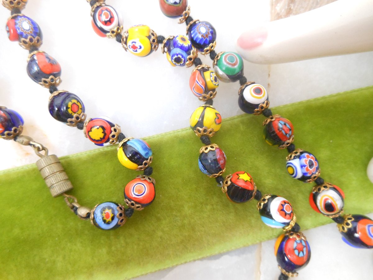Vintage Millefiori Bead Long 25" Necklace Million Flower Art Glass Venetian Murano Jewelry Gift Mid Century, VivianJoel.com