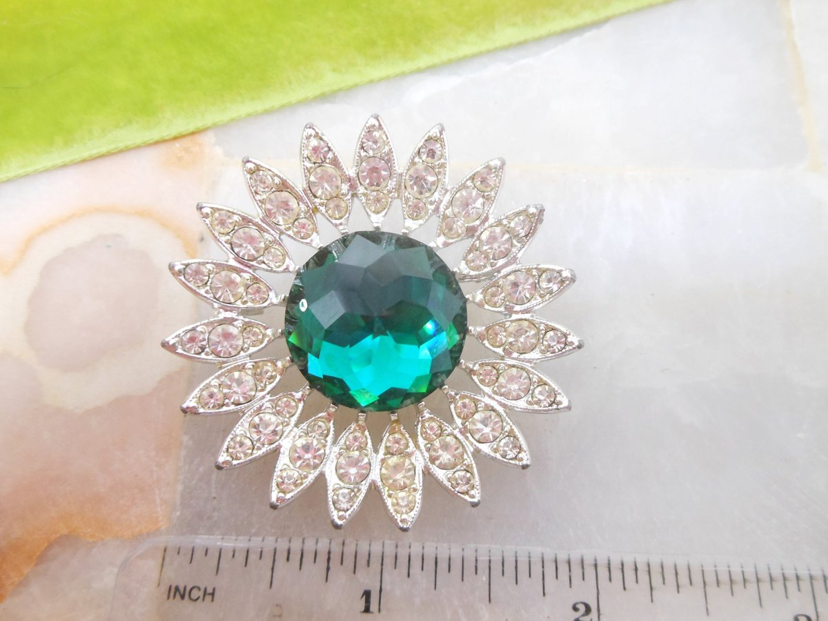 Vintage SARAH COVENTRY Flower Sunburst Pin Brooch Rhinestone Emerald Green Kathleen Designer Jewelry Gift Mid Century, VivianJoel.com