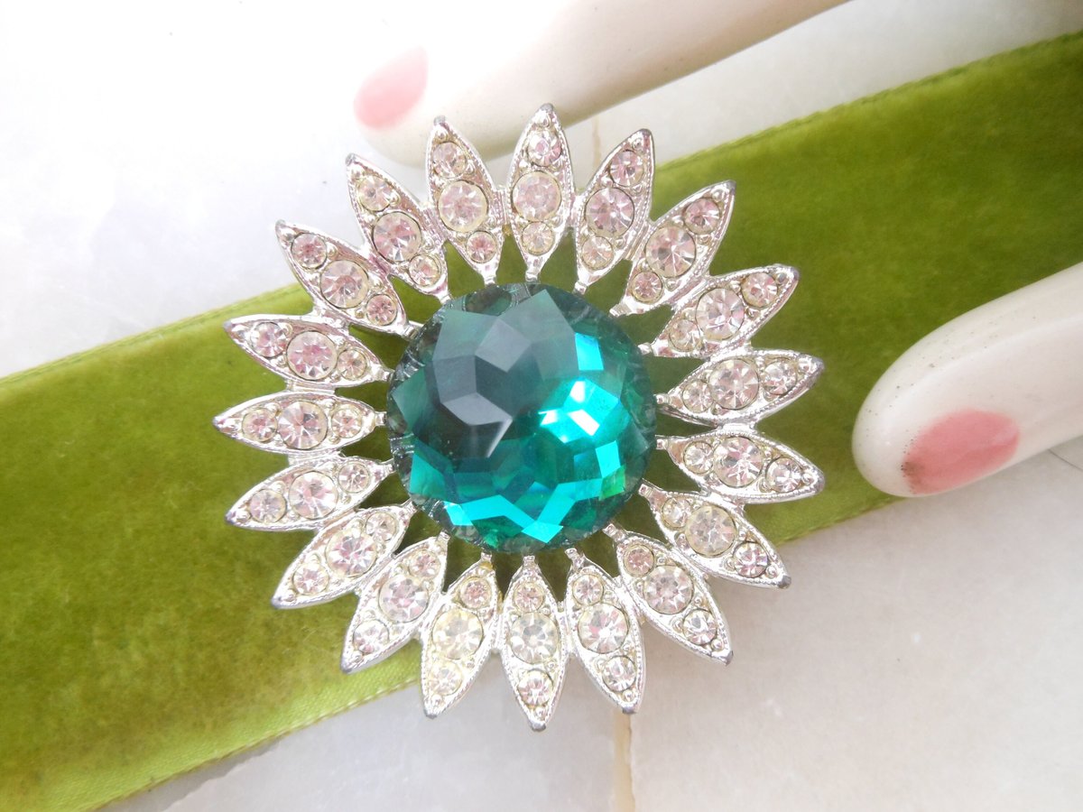 Vintage SARAH COVENTRY Flower Sunburst Pin Brooch Rhinestone Emerald Green Kathleen Designer Jewelry Gift Mid Century, VivianJoel.com