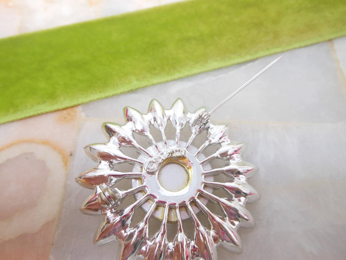 Vintage SARAH COVENTRY Flower Sunburst Pin Brooch Rhinestone Emerald Green Kathleen Designer Jewelry Gift Mid Century, VivianJoel.com