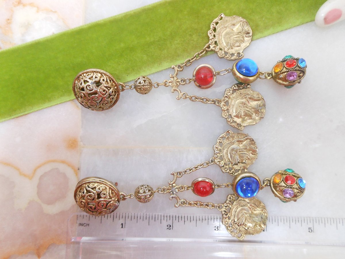 Vintage Huge Coin Moghul Earrings Clip On Drop Dangle Chandelier Chunky Fab Shoulder Duster Statement Runway Jewelry Gift, VivianJoel.com