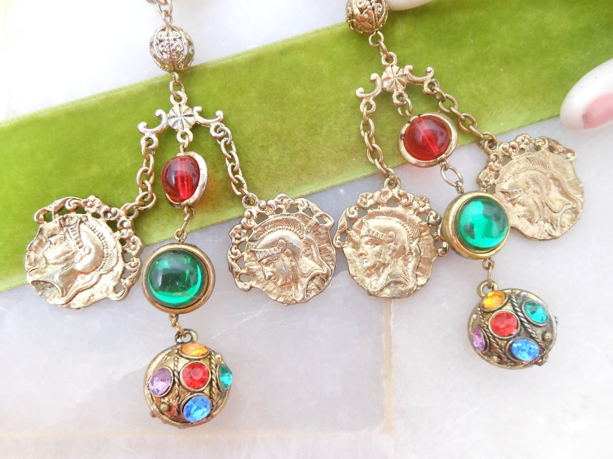 Vintage Huge Coin Moghul Earrings Clip On Drop Dangle Chandelier Chunky Fab Shoulder Duster Statement Runway Jewelry Gift, VivianJoel.com