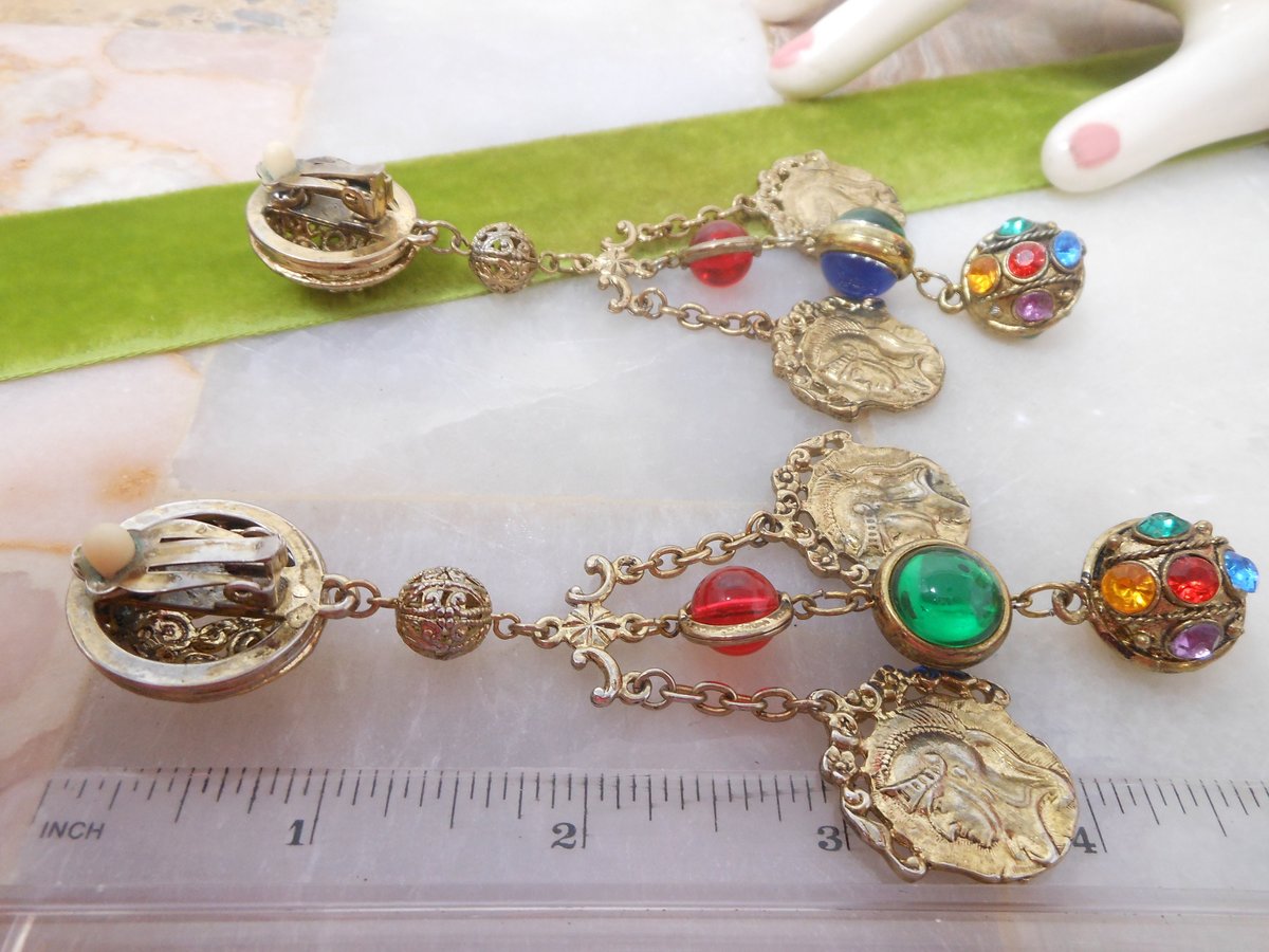 Vintage Huge Coin Moghul Earrings Clip On Drop Dangle Chandelier Chunky Fab Shoulder Duster Statement Runway Jewelry Gift, VivianJoel.com