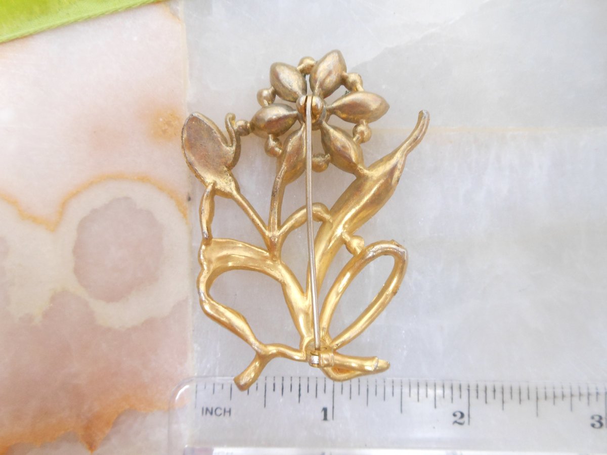 Vintage Rhinestone Flower Pin Pot Metal Brooch Crystal Bouquet Art Deco Mid Century Jewelry Gift, VivianJoel.com