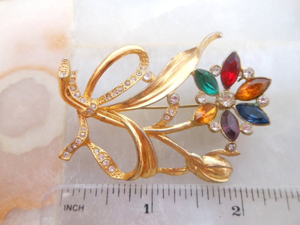 Vintage Rhinestone Flower Pin Pot Metal Brooch Crystal Bouquet Art Deco Mid Century Jewelry Gift, VivianJoel.com