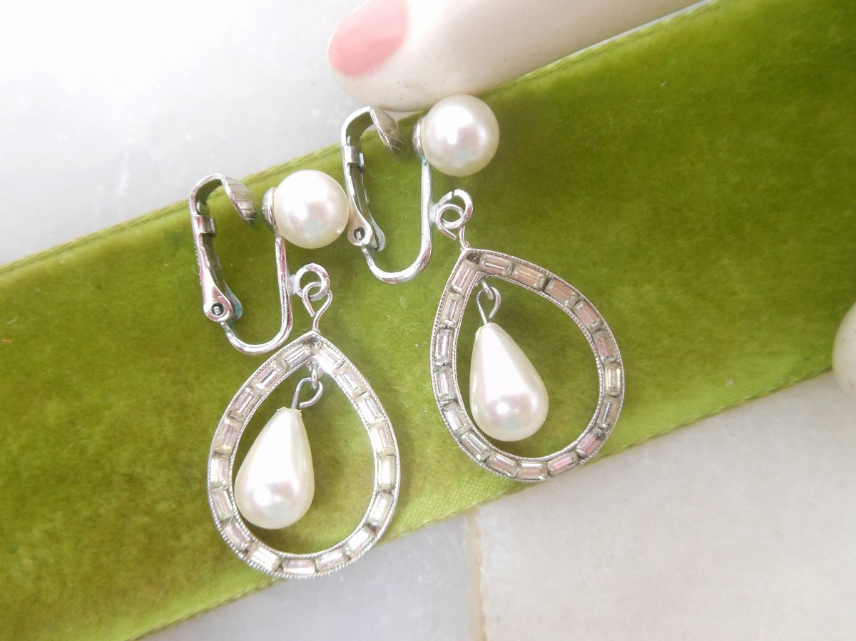 Vintage RICHELIEU Earrings Designer Rhinestone Dangle Drop Faux Pearl Art Deco Style Wedding Bride Mid Century Jewelry Gift, VivianJoel.com