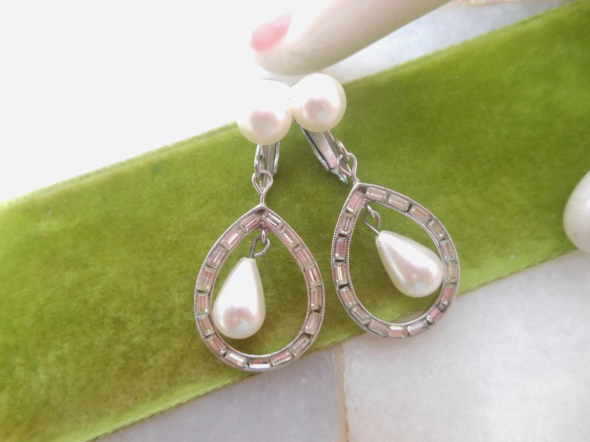 Vintage RICHELIEU Earrings Designer Rhinestone Dangle Drop Faux Pearl Art Deco Style Wedding Bride Mid Century Jewelry Gift, VivianJoel.com