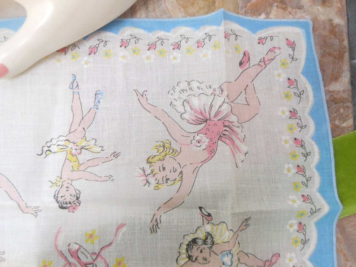 Vintage Child Hanky 100% Cotton Handkerchief Ballerina Pink Blue 50s Graphics Never Used Mid Century Gift, VivianJoel.com