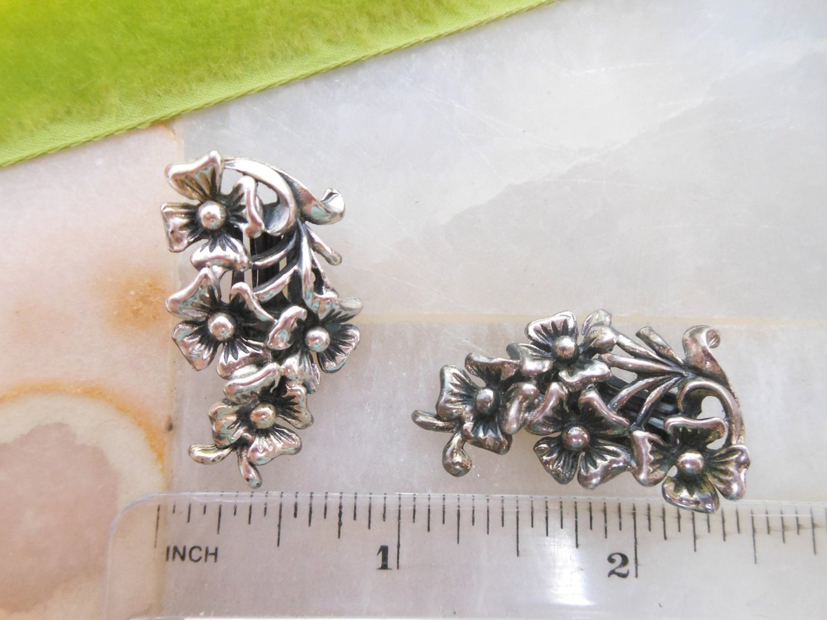 Vintage Flower Climber Earrings Clip On Silver Tone Plate Wedding Jewelry Gift Mid Century, VivianJoel.com