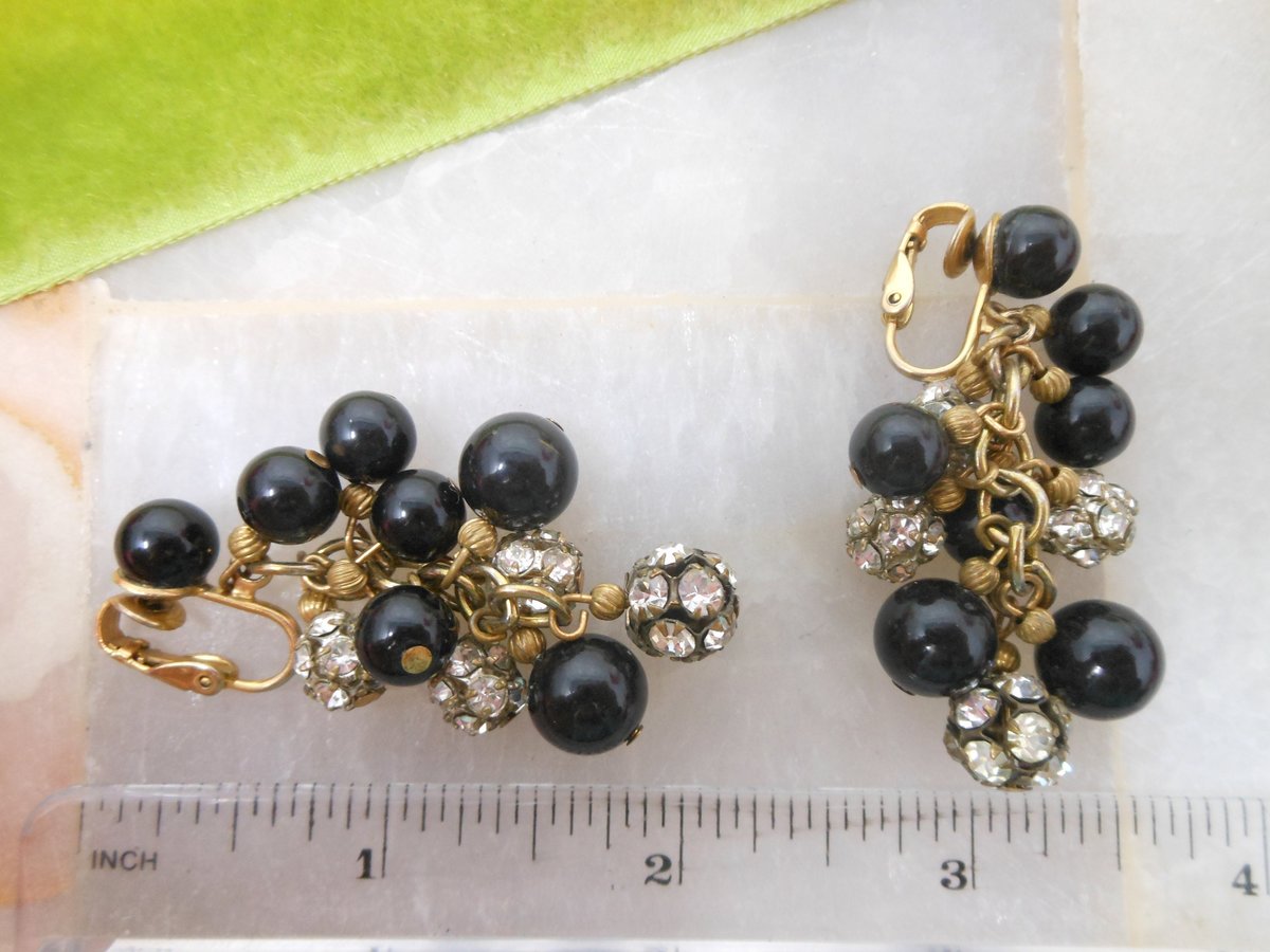 Vintage Cha Cha Bead Earrings Clip On Rhinestone Dangle Drop Chandelier Black Clear Jewelry Mid Century Gift, VivianJoel.com