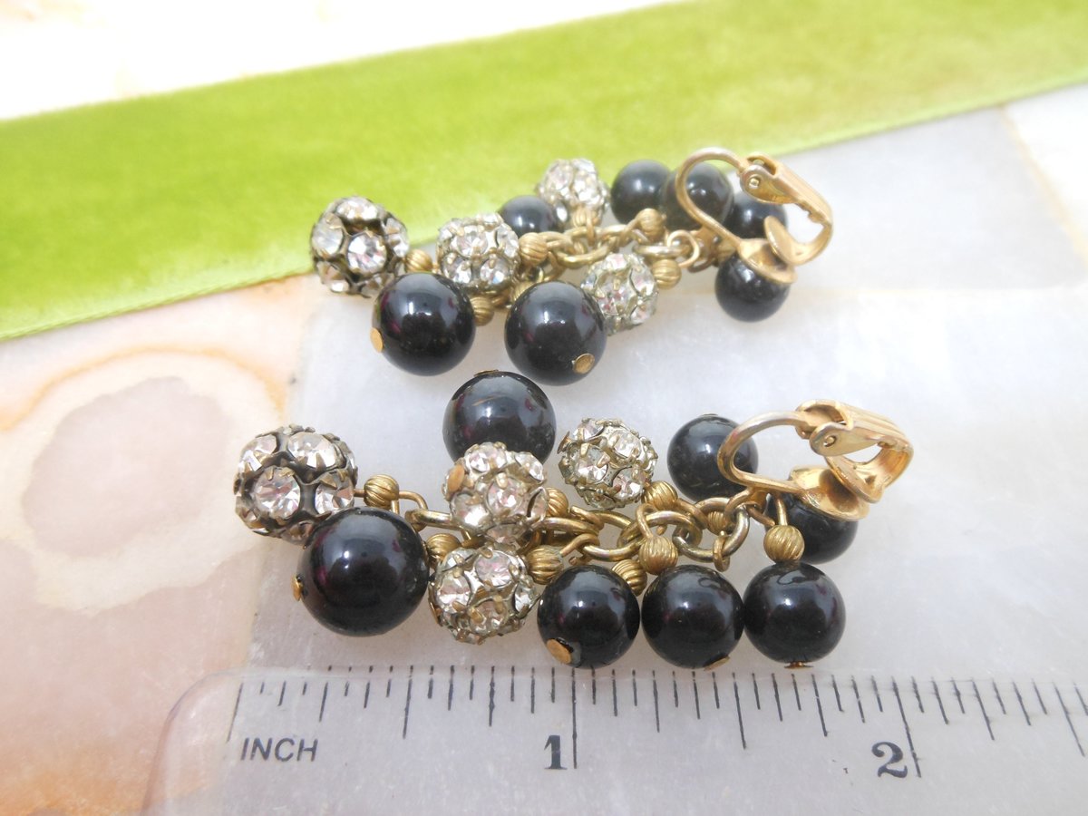 Vintage Cha Cha Bead Earrings Clip On Rhinestone Dangle Drop Chandelier Black Clear Jewelry Mid Century Gift, VivianJoel.com