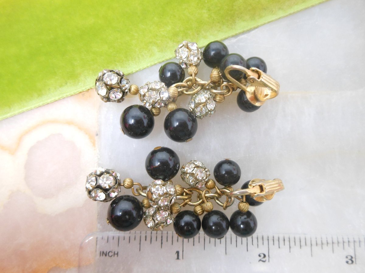 Vintage Cha Cha Bead Earrings Clip On Rhinestone Dangle Drop Chandelier Black Clear Jewelry Mid Century Gift, VivianJoel.com