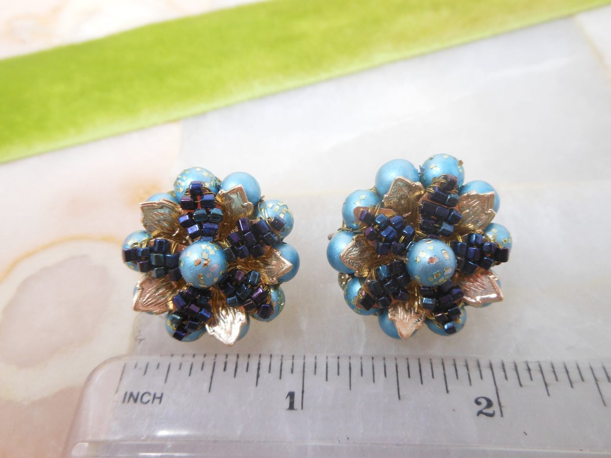 Vintage Flower Earrings Beaded Clip On Cluster Tiny Wired Bead Satin Blue Glass JAPAN Mid Century Jewelry, VivianJoel.com