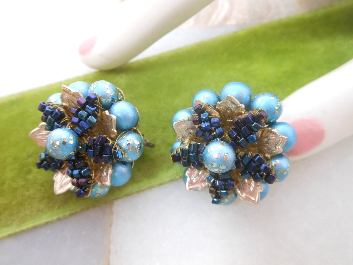 Vintage Flower Earrings Beaded Clip On Cluster Tiny Wired Bead Satin Blue Glass JAPAN Mid Century Jewelry, VivianJoel.com