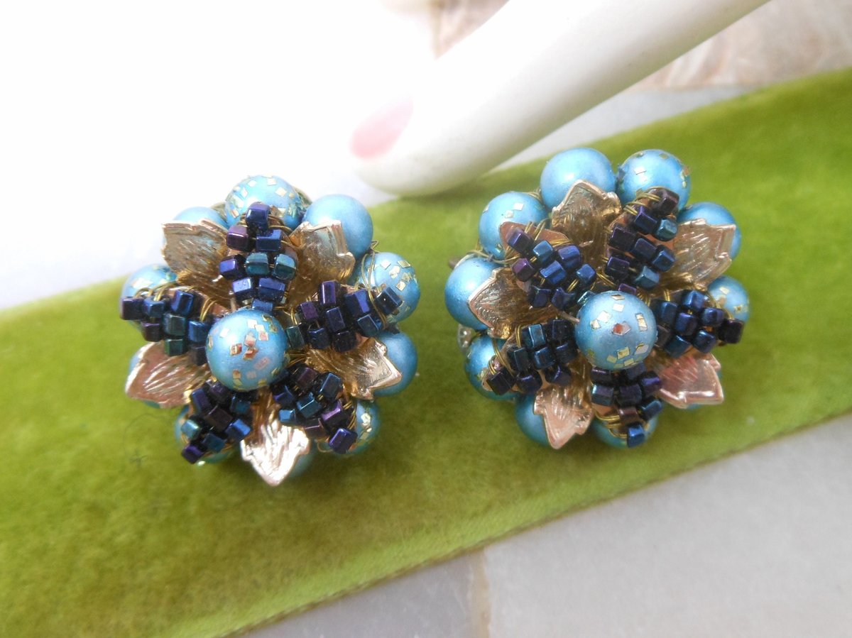 Vintage Flower Earrings Beaded Clip On Cluster Tiny Wired Bead Satin Blue Glass JAPAN Mid Century Jewelry, VivianJoel.com