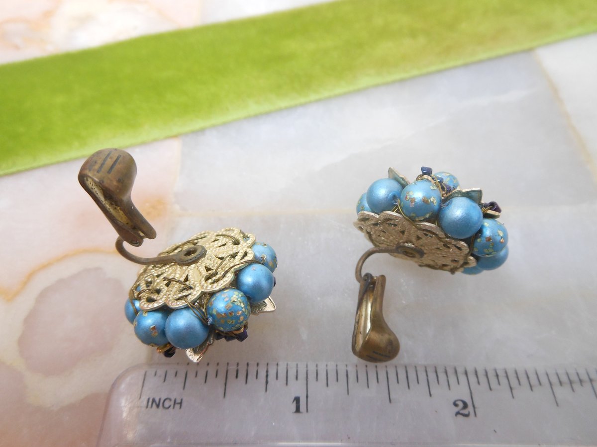 Vintage Flower Earrings Beaded Clip On Cluster Tiny Wired Bead Satin Blue Glass JAPAN Mid Century Jewelry, VivianJoel.com
