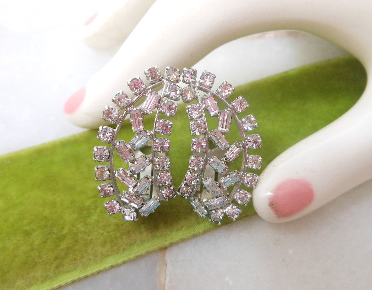 Vintage WEST GERMANY Rhinestone Earrings Clip On Ear Climbers Ice Clear Crystal Wedding Jewelry Mid Century Gift, VivianJoel.com