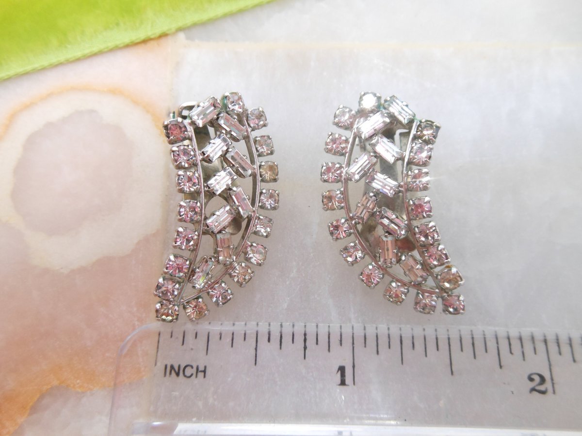 Vintage WEST GERMANY Rhinestone Earrings Clip On Ear Climbers Ice Clear Crystal Wedding Jewelry Mid Century Gift, VivianJoel.com