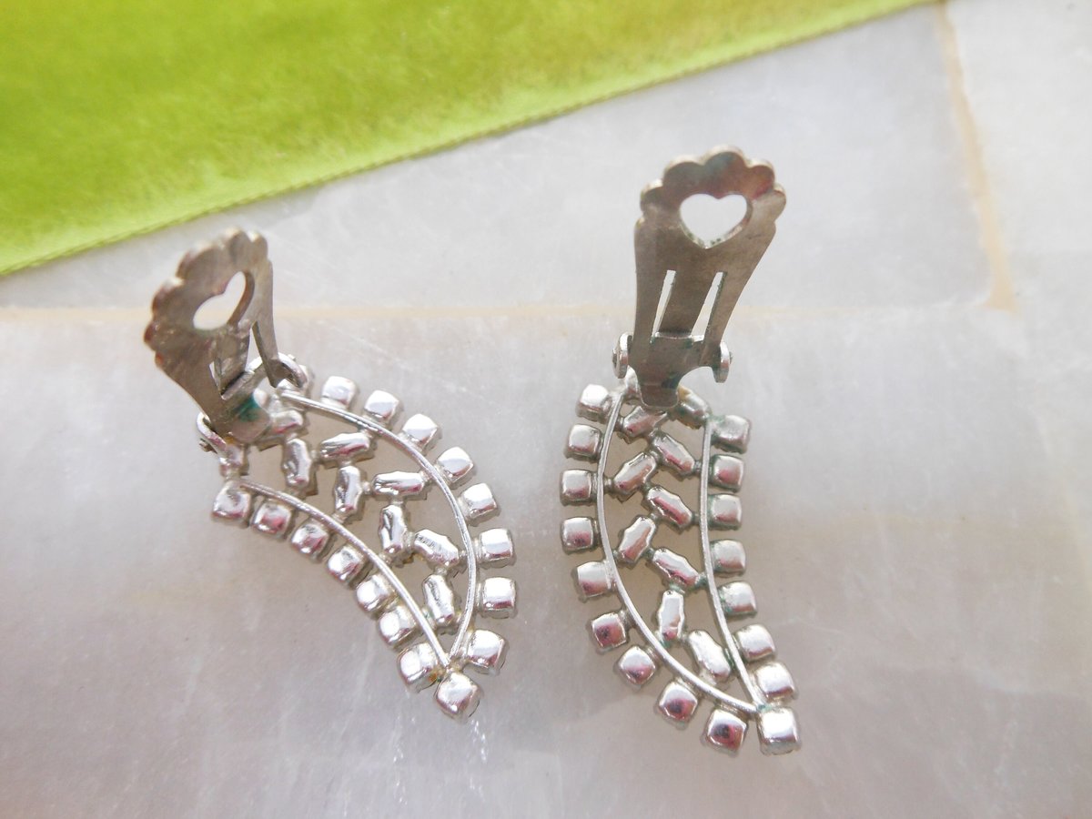 Vintage WEST GERMANY Rhinestone Earrings Clip On Ear Climbers Ice Clear Crystal Wedding Jewelry Mid Century Gift, VivianJoel.com