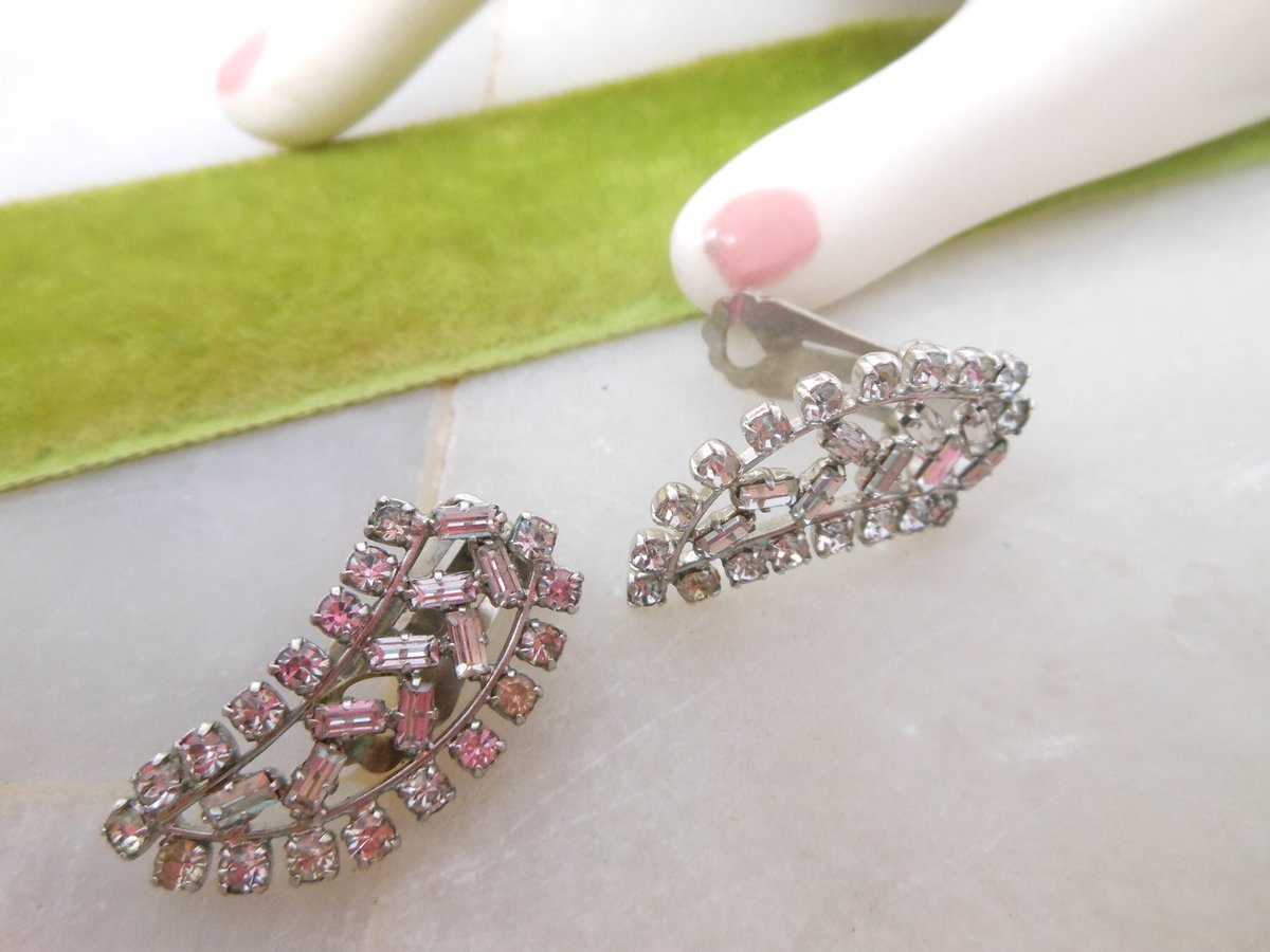 Vintage WEST GERMANY Rhinestone Earrings Clip On Ear Climbers Ice Clear Crystal Wedding Jewelry Mid Century Gift, VivianJoel.com