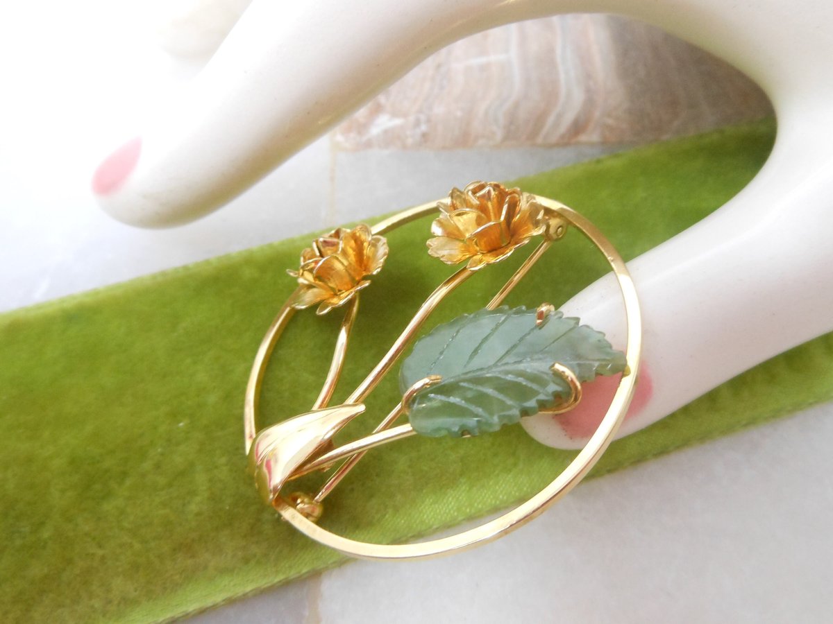 Vintage SORRENTO Jade Brooch Gold Fill 12K Pin Flower Rose Designer Wreath GF Mid Century Jewelry Gift, VivianJoel.com