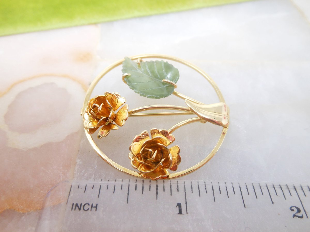 Vintage SORRENTO Jade Brooch Gold Fill 12K Pin Flower Rose Designer Wreath GF Mid Century Jewelry Gift, VivianJoel.com