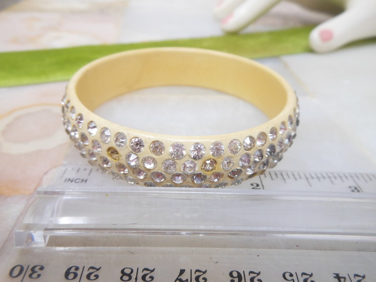 Vintage Art Deco Rhinestone Bracelet Bangle BAKELITE ERA Celluloid 4 Row Art Deco Old Plastic Mid Century, VivianJoel.com