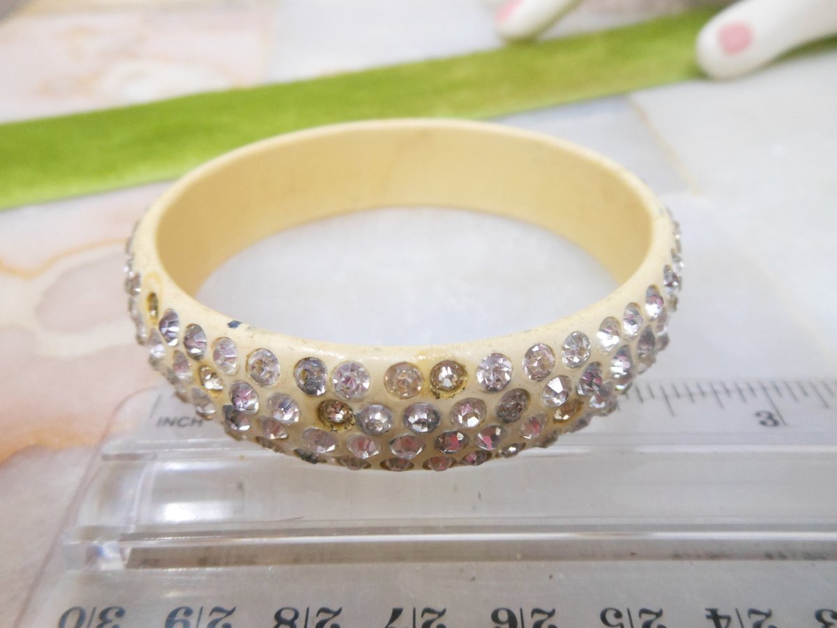Vintage Art Deco Rhinestone Bracelet Bangle BAKELITE ERA Celluloid 4 Row Art Deco Old Plastic Mid Century, VivianJoel.com