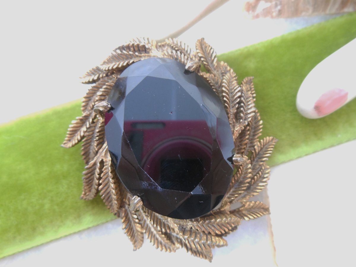 Vintage Jumbo Mourning Brooch Black Glass Pin Large Ornate Setting Mid Century Regency Victorian Revival Goth Jewelry Gift, VivianJoel.com