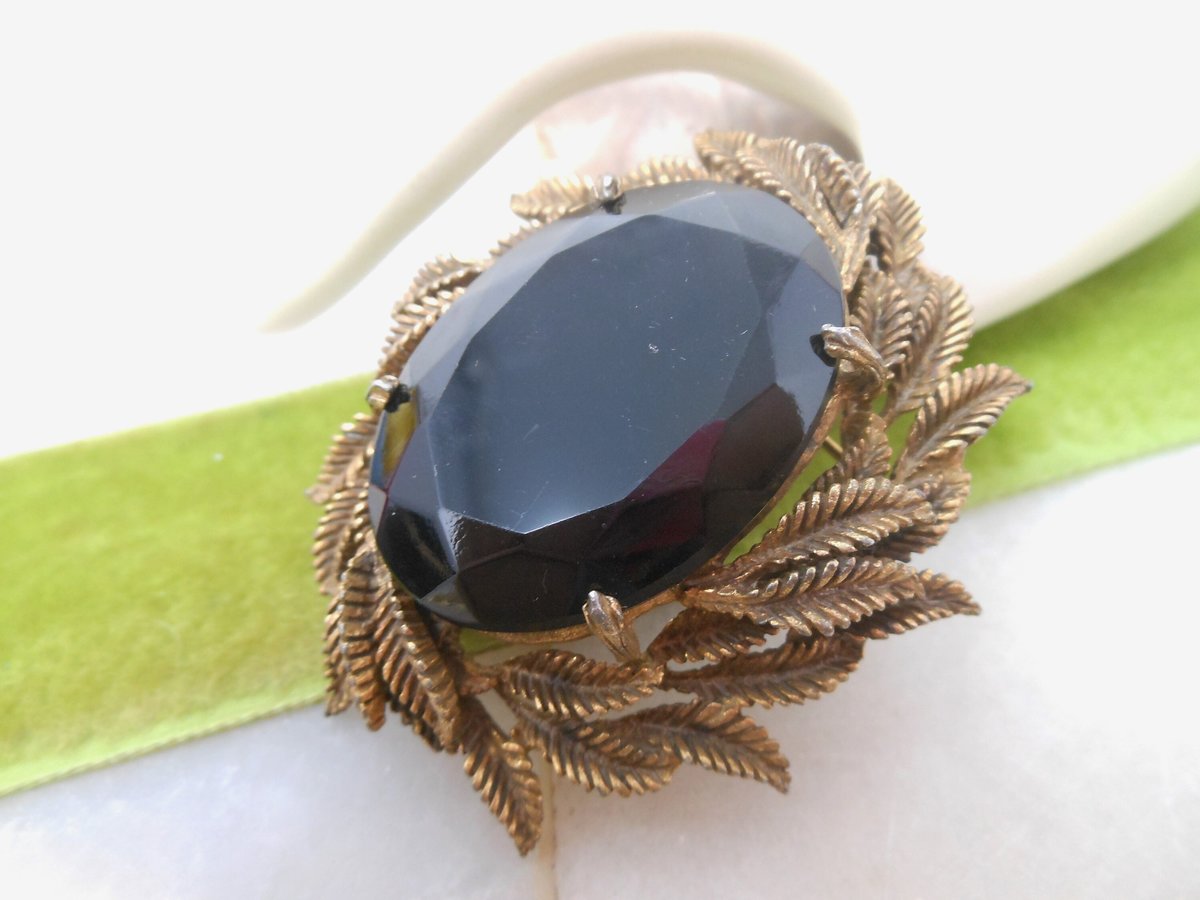 Vintage Jumbo Mourning Brooch Black Glass Pin Large Ornate Setting Mid Century Regency Victorian Revival Goth Jewelry Gift, VivianJoel.com
