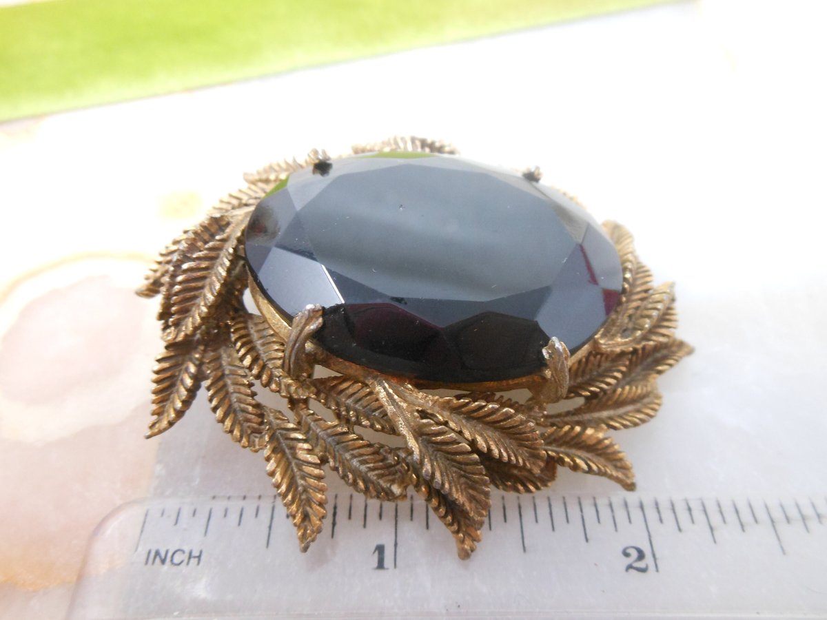 Vintage Jumbo Mourning Brooch Black Glass Pin Large Ornate Setting Mid Century Regency Victorian Revival Goth Jewelry Gift, VivianJoel.com