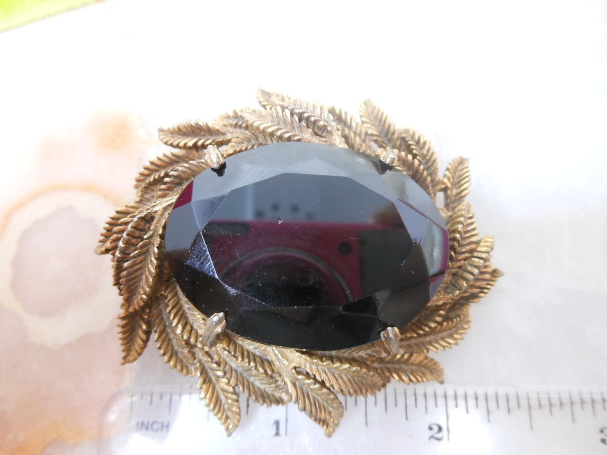 Vintage Jumbo Mourning Brooch Black Glass Pin Large Ornate Setting Mid Century Regency Victorian Revival Goth Jewelry Gift, VivianJoel.com