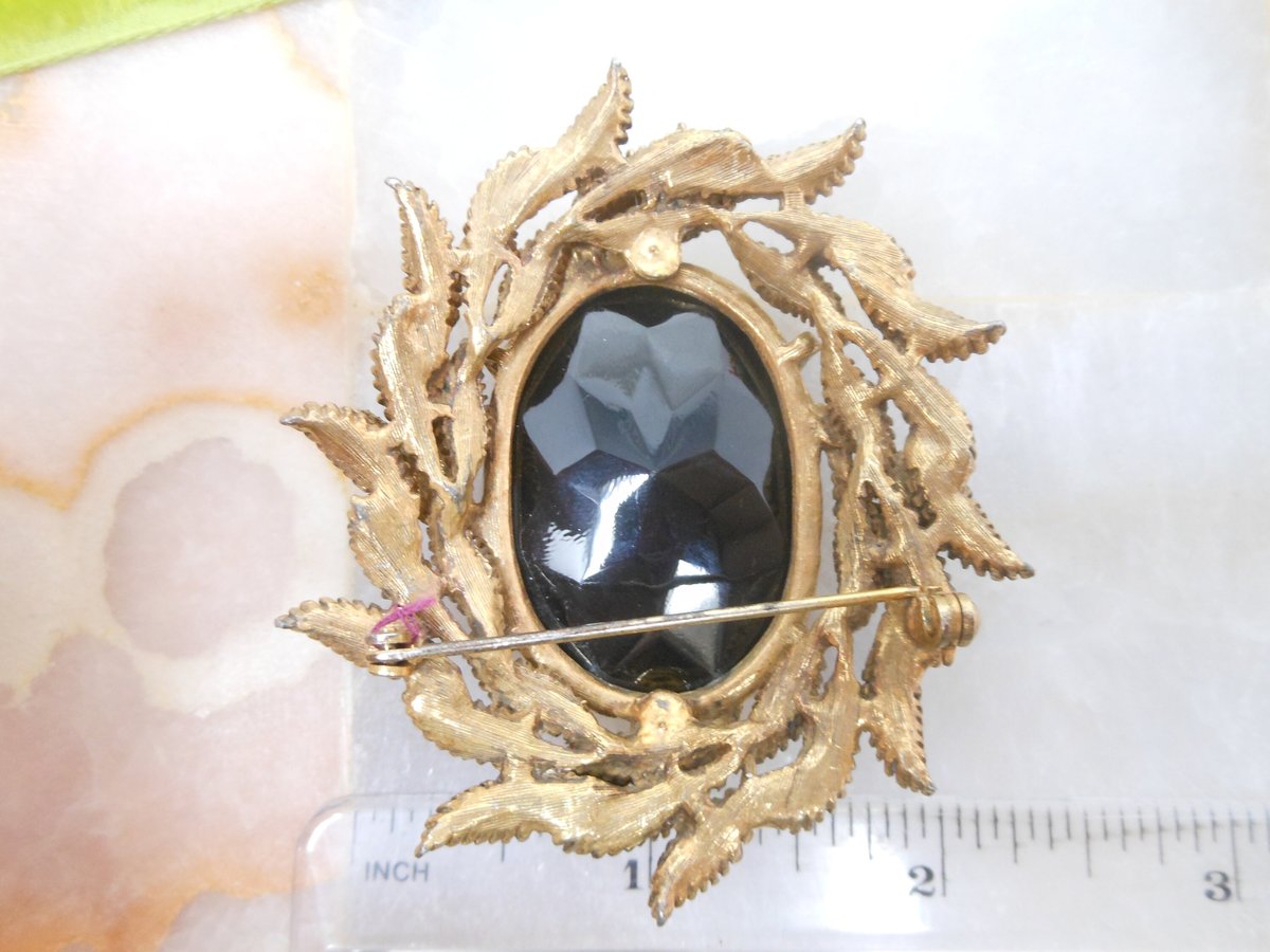 Vintage Jumbo Mourning Brooch Black Glass Pin Large Ornate Setting Mid Century Regency Victorian Revival Goth Jewelry Gift, VivianJoel.com
