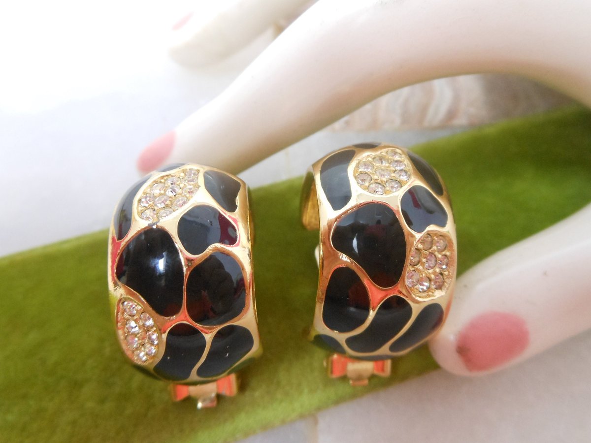 Vintage CHRISTIAN DIOR Designer Earrings Clip On Black Enamel Cheetah Crystal Rhinestone Chunky Hoop Mid Century Jewelry, VivianJoel.com