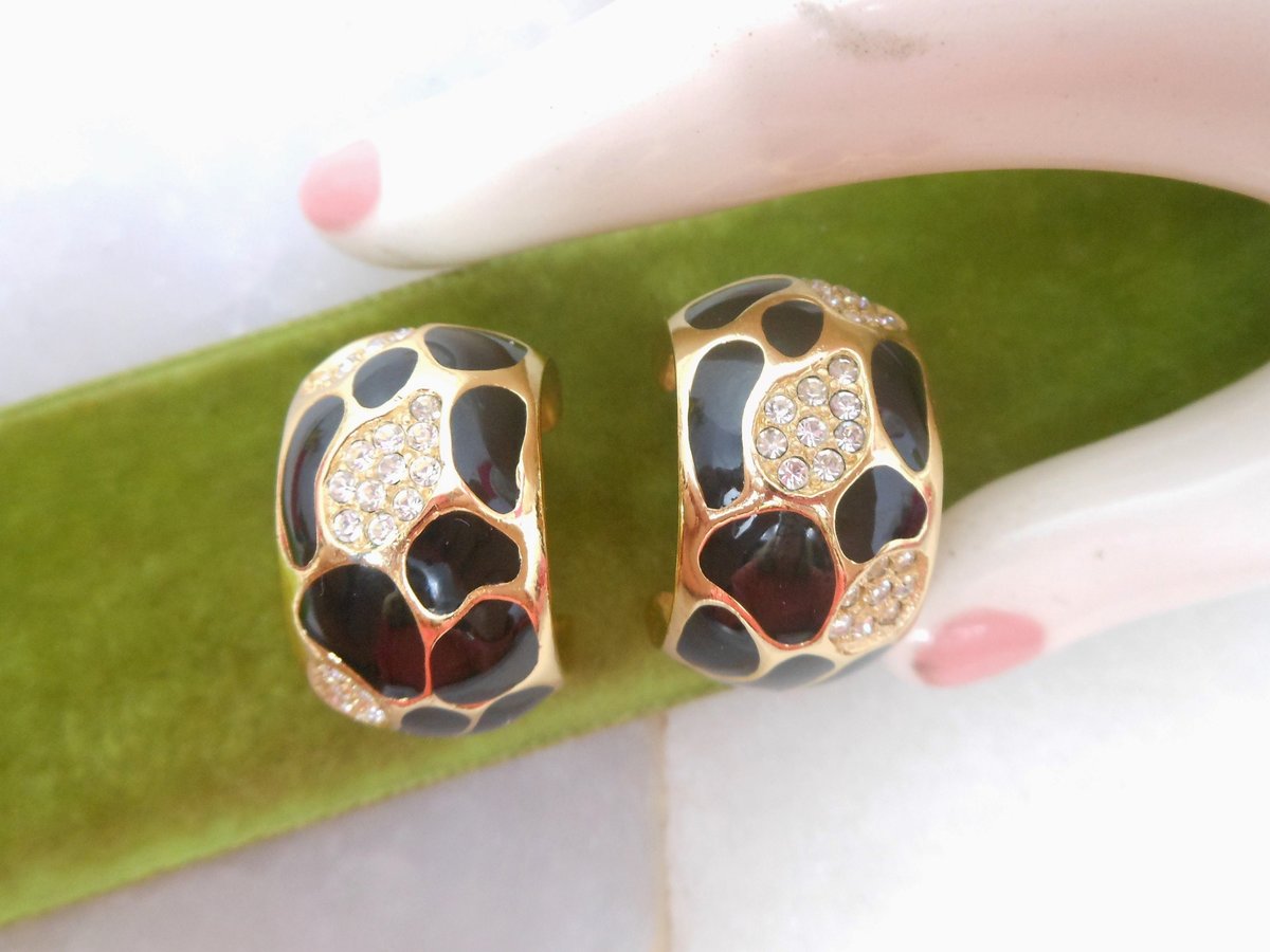 Vintage CHRISTIAN DIOR Designer Earrings Clip On Black Enamel Cheetah Crystal Rhinestone Chunky Hoop Mid Century Jewelry, VivianJoel.com