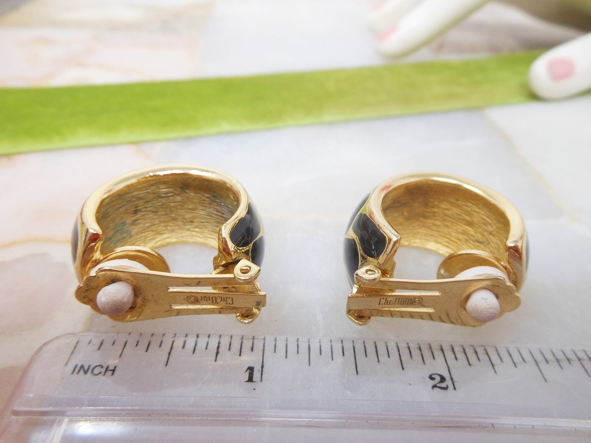 Vintage CHRISTIAN DIOR Designer Earrings Clip On Black Enamel Cheetah Crystal Rhinestone Chunky Hoop Mid Century Jewelry, VivianJoel.com