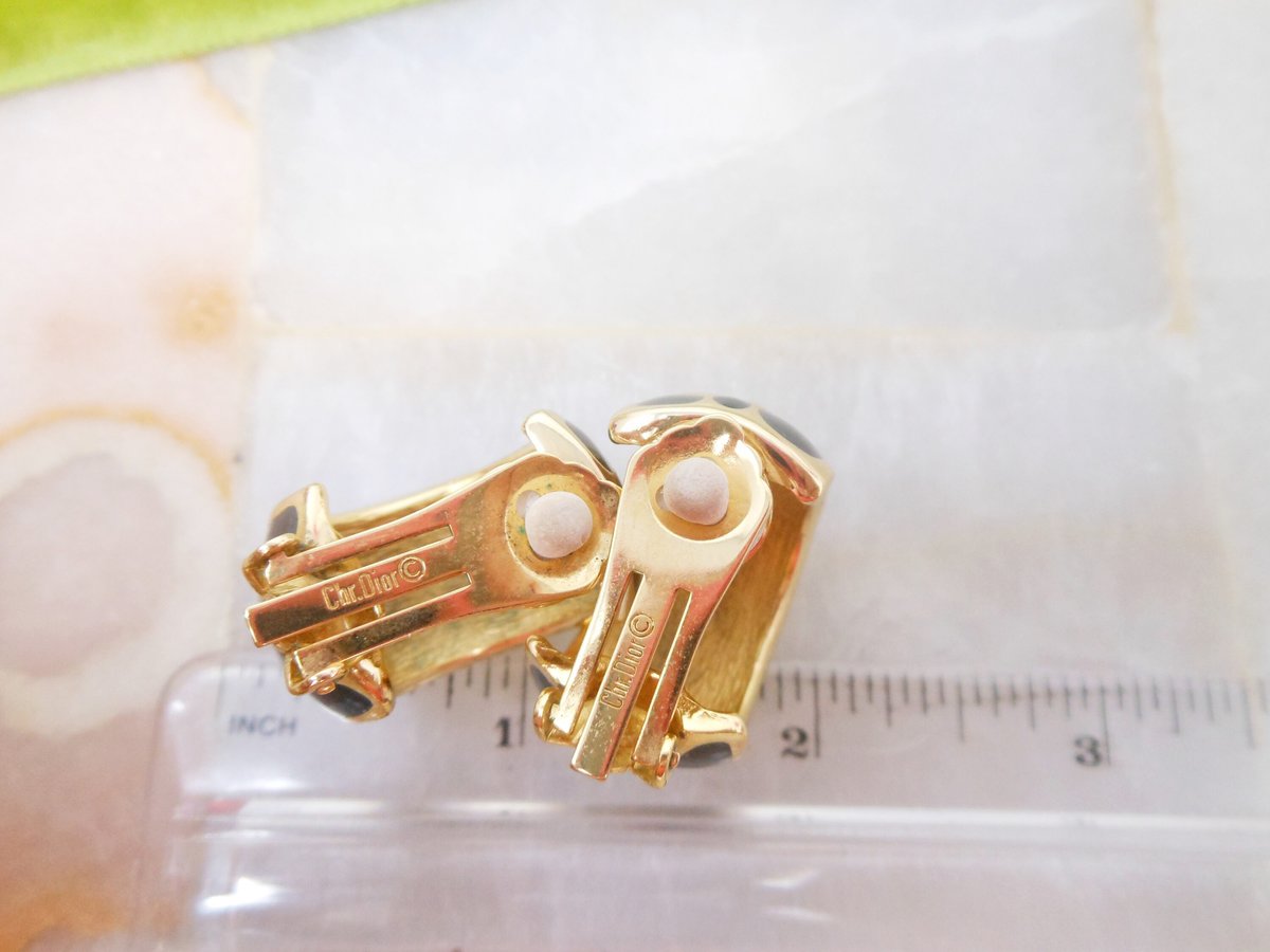 Vintage CHRISTIAN DIOR Designer Earrings Clip On Black Enamel Cheetah Crystal Rhinestone Chunky Hoop Mid Century Jewelry, VivianJoel.com